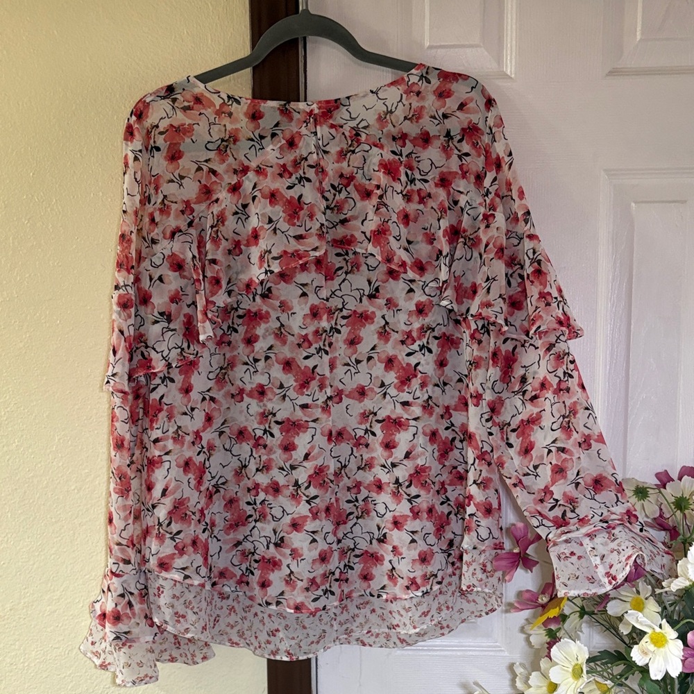 White House Black Market Pink Floral Sheer Ruffle Blouse - Picture 6 of 12